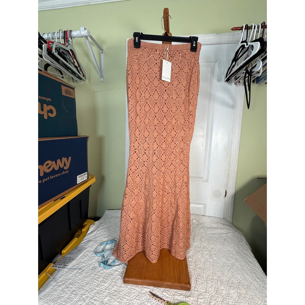 Emory Park Terracotta Crochet Knit Maxi Skirt Small Boho Pointelle Mermaid Peach